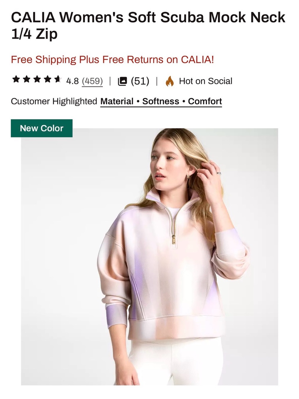 Calia Women’s Soft Scuba Mock Neck 1/4 Zip XS